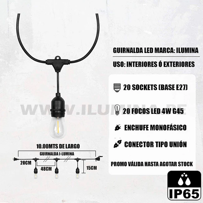 GUIRNALDA DE CAUCHO COLGANTE DE 10MTS CON 20 SOCKETS - Image 20