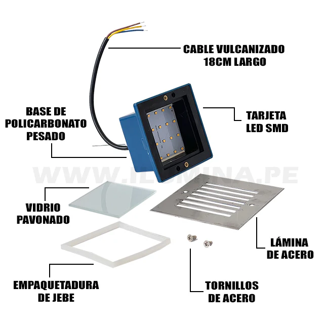 SPOT LUZ GUÍA DE PASO DE ESCALERA CUADRADO GRANDE CON REJILLA 3W LUZ CÁLIDA - Image 7